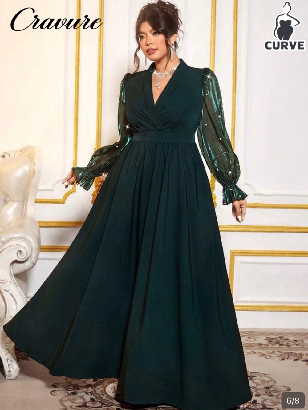 SHEIN Dark Green Maxi Dress with Sheer Long Sleeves